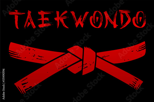 Vector red belt stencil silhouette drawing illustration with taekwondo calligraphy word text lettering calligraphic strokes in the Japanese character style.Black t shirt print design.Sport.Wrestling