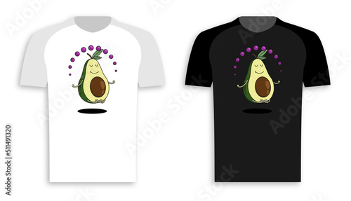Original print for clothes, shirt. Peaceful avocado fruit meditates in lotus position. Hand drawn cartoon with stroke. Cartoon vector