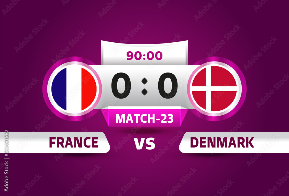 france vs denmark world Football 2022, Group D. World Football Competition championship match versus teams intro sport background, championship competition final poster, vector illustration. - obrazy, fototapety, plakaty 