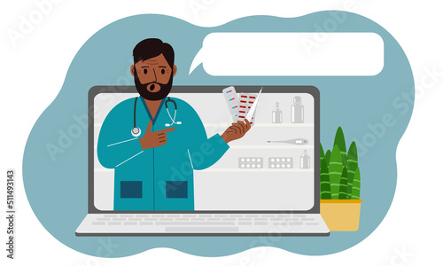 Online consultation or feedback concept. Laptop with a picture of a male pharmacist with medicines in his hand.