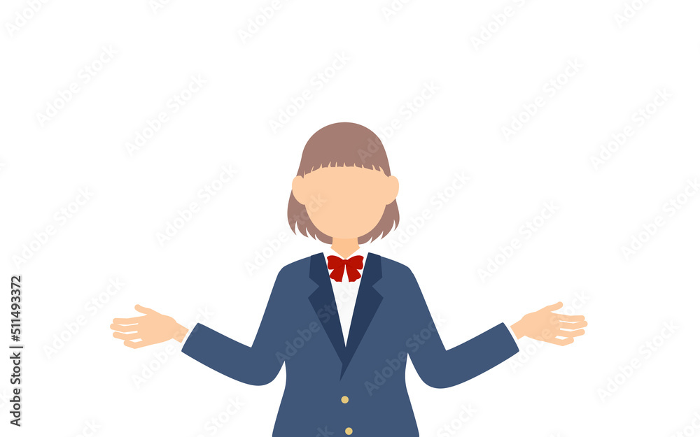 女子生徒、ブレザーの制服、両手を広げたお手上げのジェスチャー