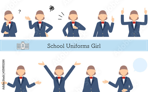 女子生徒、ブレザーの制服ポーズセット、疑問・悩む・引き受ける・指さしetc