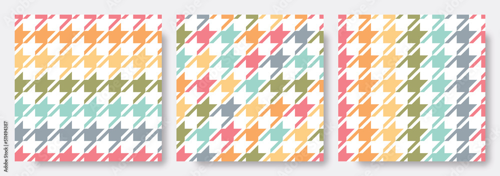 Vector set of three houndstooth seamless pattern in striped and random soft rainbow color