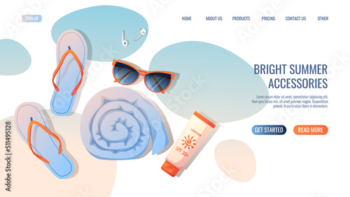 Web page template with summer beach accessories. Concept for web banner and landing page. Towel, sunglasses, slippers, sunscreen