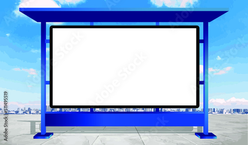 Bus stop and blank board vector for your text , copy space and other. Blank board on marble floor and cityscape background