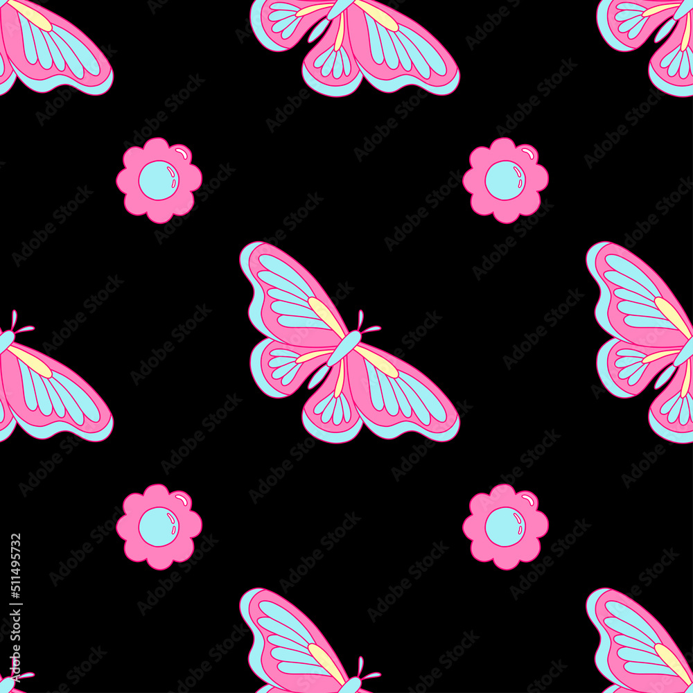 Daisy flower and butterfly in y2k style. Vector seamless pattern in pink and blue colors on black background. Hand-drawn illustration in flat style for groovy background, wallpaper, fabric, textile. Daisy flower and butterfly in y2k style. Vector seamless pattern in pink and blue colors on black background. Hand-drawn illustration in flat style for groovy background, wallpaper, fabric, textile.