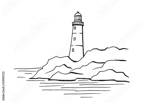 Seascape. Lighthouse. Hand drawn illustration converted to vector. Sea coast graphic landscape sketch illustration vector.