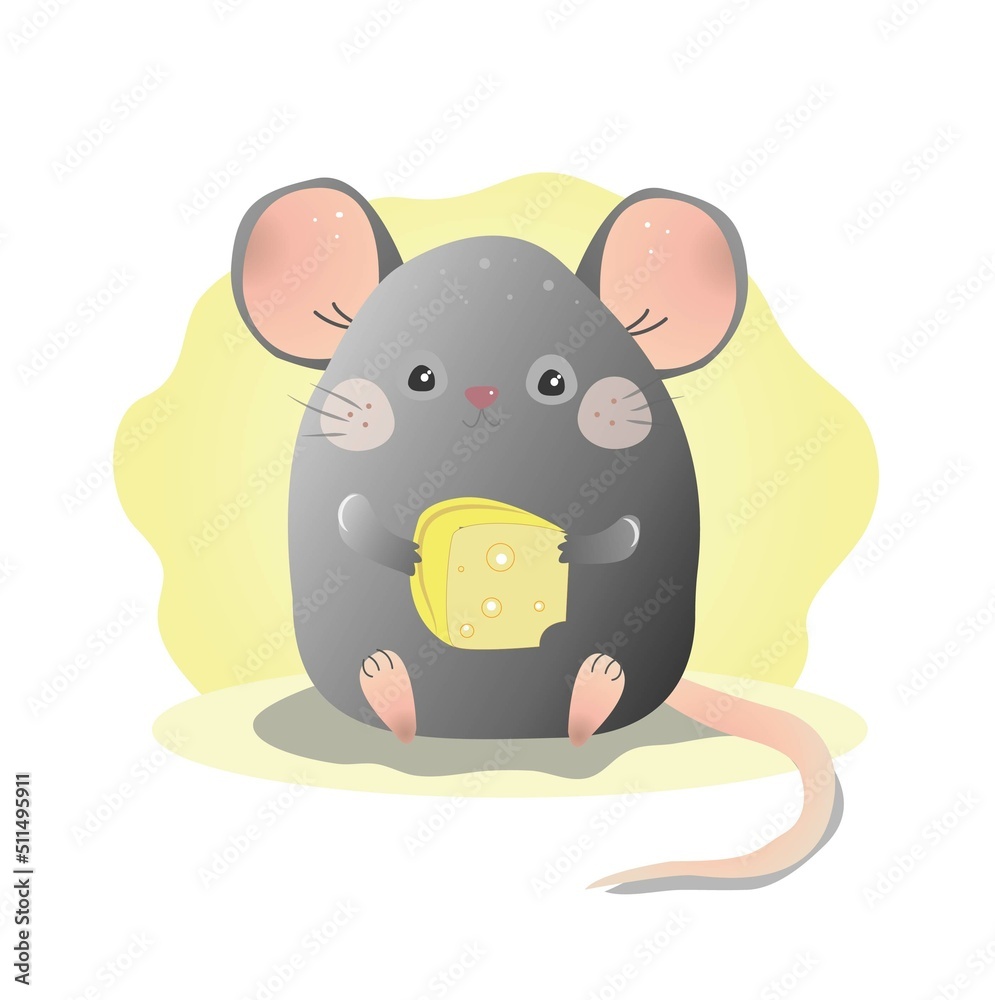 a little cute gray mouse holds a piece of cheese in its paws. light yellow background. children's illustration. calm and gentle colors a little cute gray mouse holds a piece of cheese in its paws. light yellow background. children's illustration. calm and gentle colors