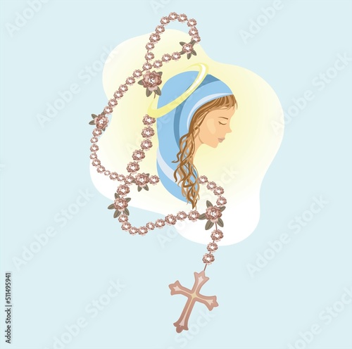 virgin mary and rosary of rose flowers. yellow halo, pale blue cape. religious illustration. catholic prayer
