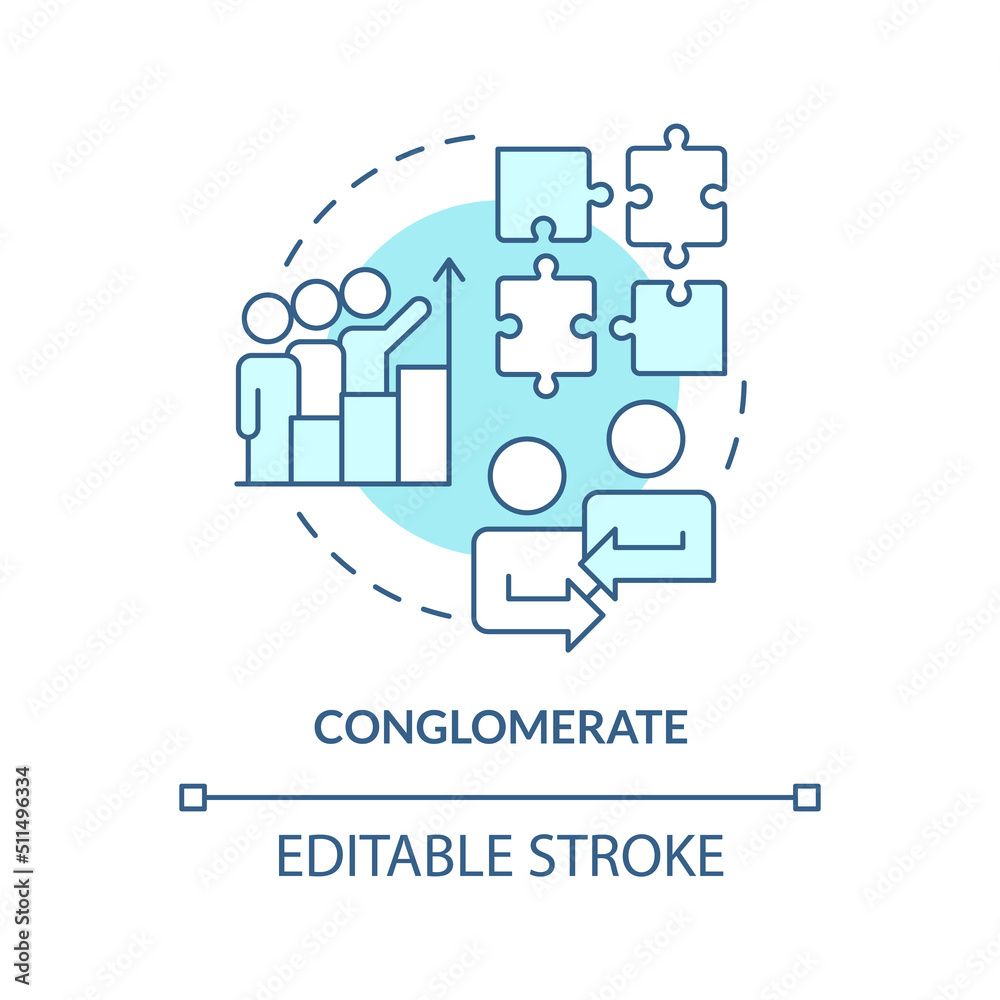 Conglomerate business merger turquoise concept icon. Different areas integration. Abstract idea thin line illustration. Isolated outline drawing. Editable stroke. Arial, Myriad Pro-Bold fonts used Conglomerate business merger turquoise concept icon. Different areas integration. Abstract idea thin line illustration. Isolated outline drawing. Editable stroke. Arial, Myriad Pro-Bold fonts used