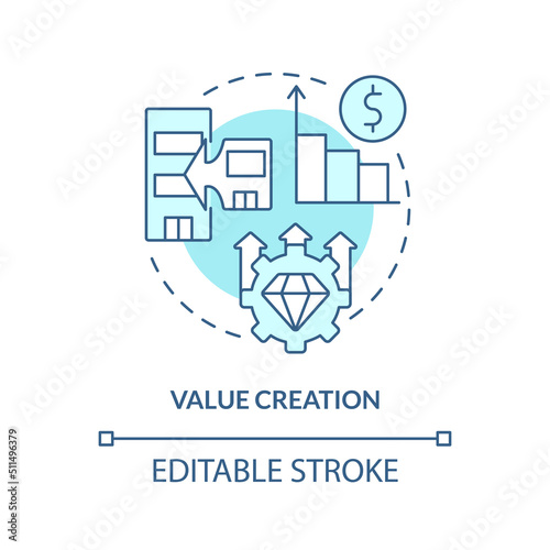 Value creation turquoise concept icon. Cost and revenue synergy. Motive for merger abstract idea thin line illustration. Isolated outline drawing. Editable stroke. Arial, Myriad Pro-Bold fonts used