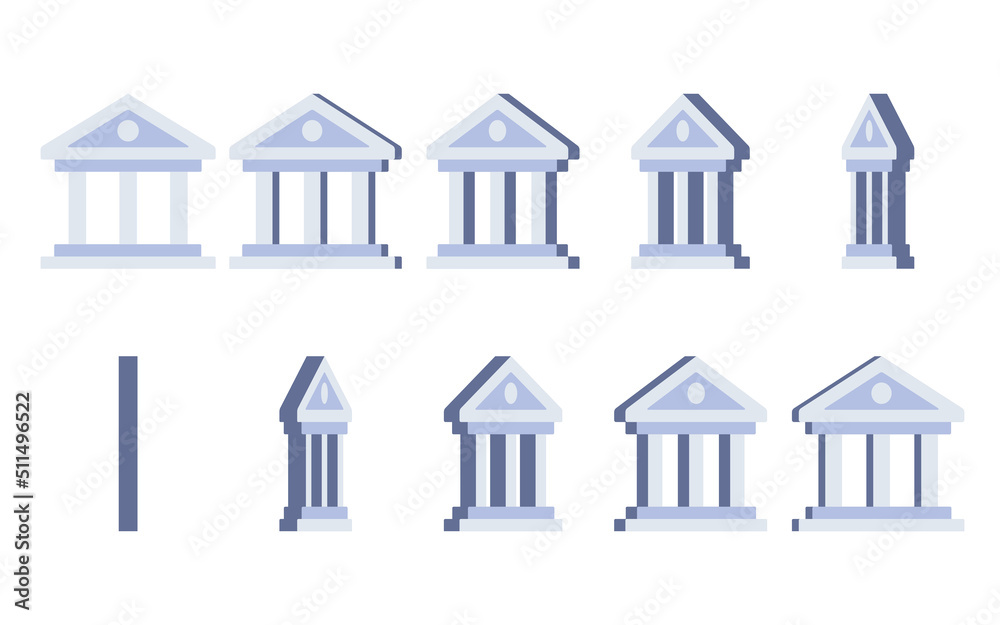Fototapeta premium Bank building simple flat icon rotating. Animation sprite sheet isolated on white background
