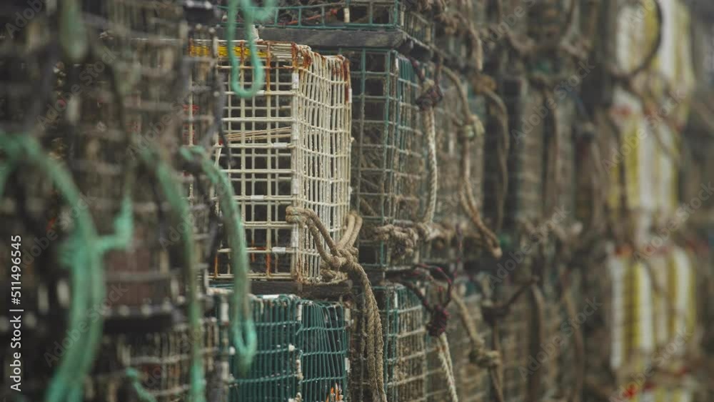 Lobster trap detail shot in maine with fog mist weather 4k 60p
