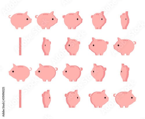 Cute cartoon piggy bank simple flat icon rotating. Animation sprite sheet isolated on white background