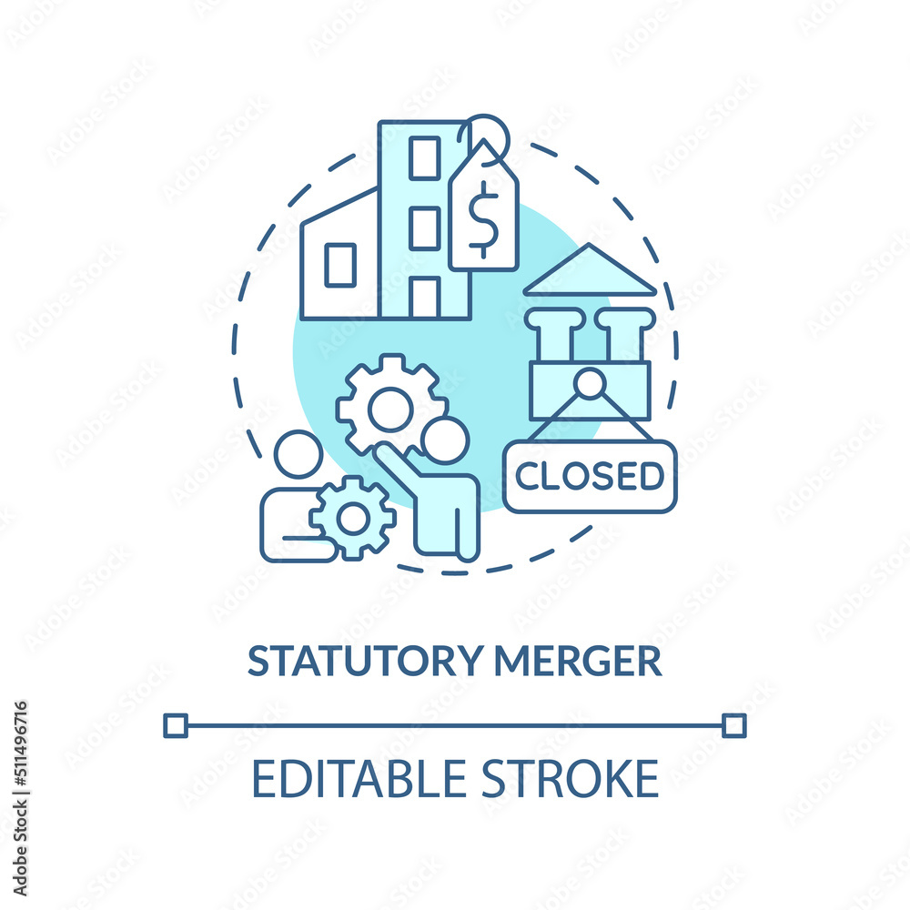 Statutory merger turquoise concept icon. Purchase company. Consolidation strategy abstract idea thin line illustration. Isolated outline drawing. Editable stroke. Arial, Myriad Pro-Bold fonts used