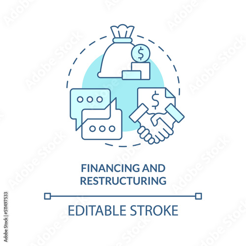 Financing and restructuring turquoise concept icon. Complete sale agreement. Merger abstract idea thin line illustration. Isolated outline drawing. Editable stroke. Arial, Myriad Pro-Bold fonts used