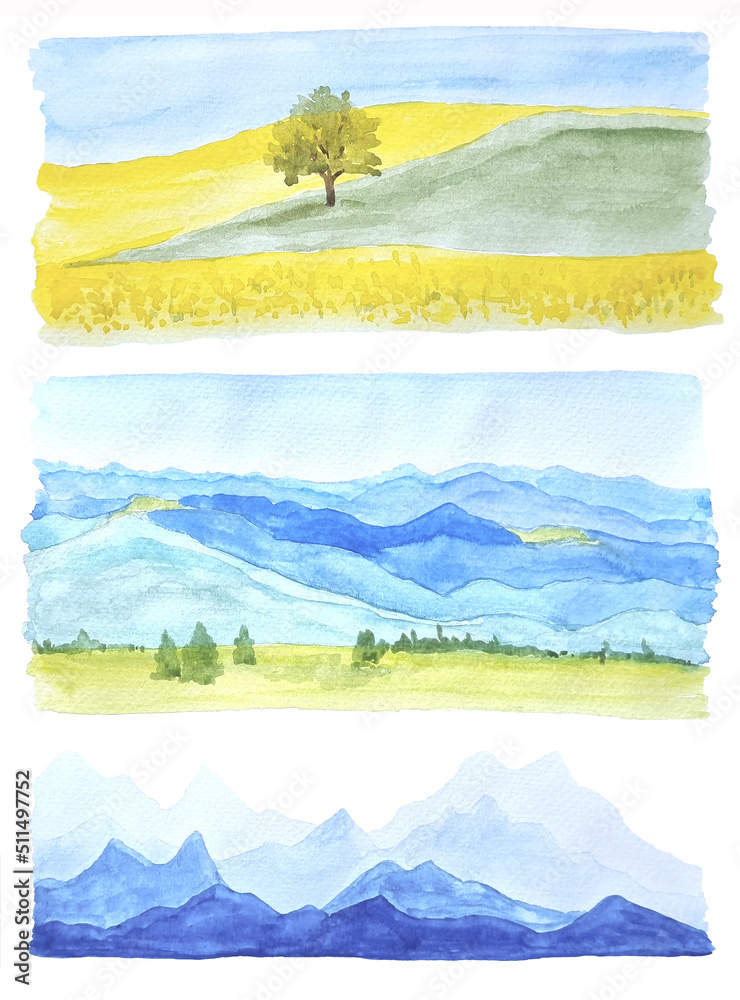 Watercolor hand drawn set of three different landscapes illustrations isolated on white