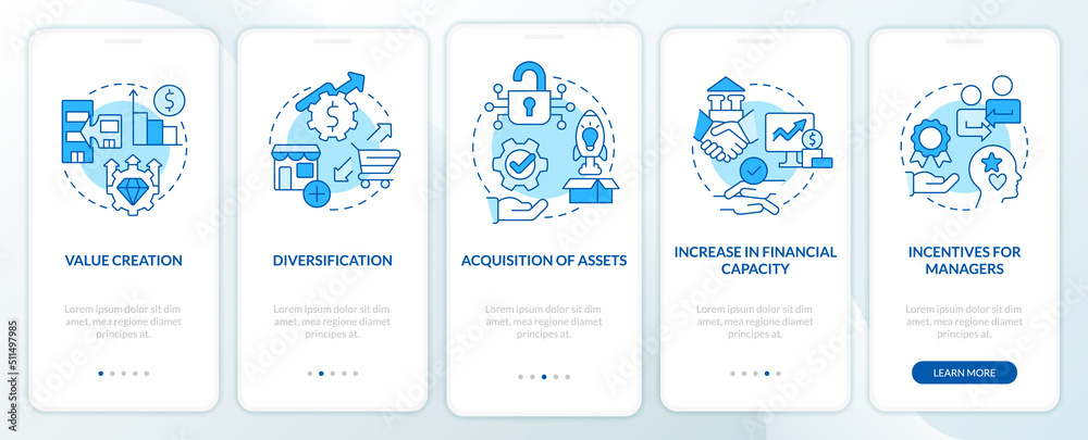 Motives for mergers blue onboarding mobile app screen. Consolidation walkthrough 5 steps editable graphic instructions with linear concepts. UI, UX, GUI template. Myriad Pro-Bold, Regular fonts used Motives for mergers blue onboarding mobile app screen. Consolidation walkthrough 5 steps editable graphic instructions with linear concepts. UI, UX, GUI template. Myriad Pro-Bold, Regular fonts used