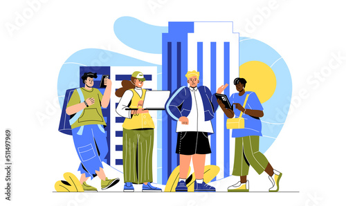 Internet addiction concept. Young guys and girls with gadgets and devices. Wireless communication, Internet. Social networks and messengers, modern technologies. Cartoon flat vector illustration