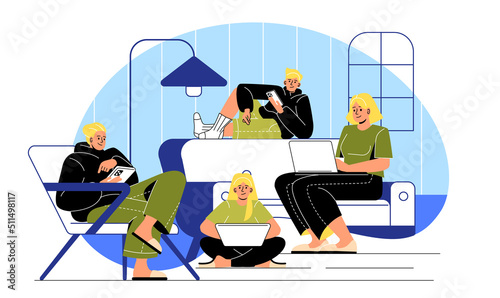 Internet addiction concept. Guys and girls with tablets and laptops sitting in room. Modern technologies and digital world. Gadgets and devices, wireless connection. Cartoon flat vector illustration