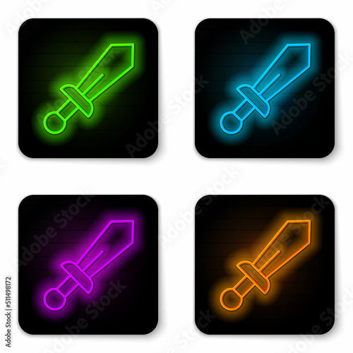 Glowing neon line Sword toy icon isolated on white background. Black square button. Vector