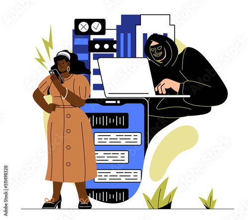 Internet fraud and scam. Masked man at laptop communicates with woman in social networks and instant messengers. Digital technologies and danger on Internet. Cartoon flat vector illustration