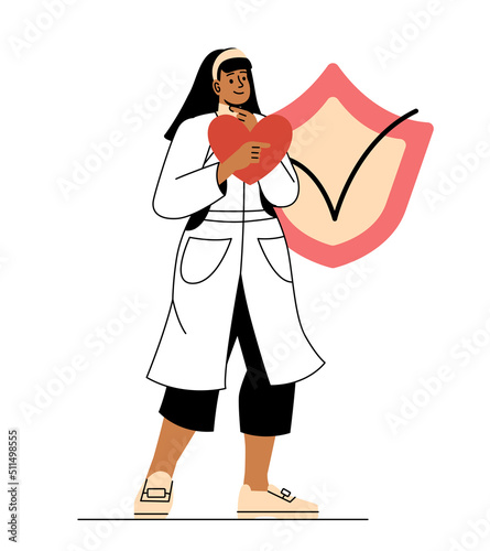 MBTI person concept. Myers Briggs personality typology. Young woman in medical gown holds heart. Kind and sympathetic character, volunteer. Help and support. Cartoon flat vector illustration photo