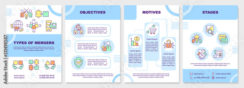 Business companies merger blue brochure template. Integration. Leaflet design with linear icons. Editable 4 vector layouts for presentation, annual reports. Arial-Black, Myriad Pro-Regular fonts used