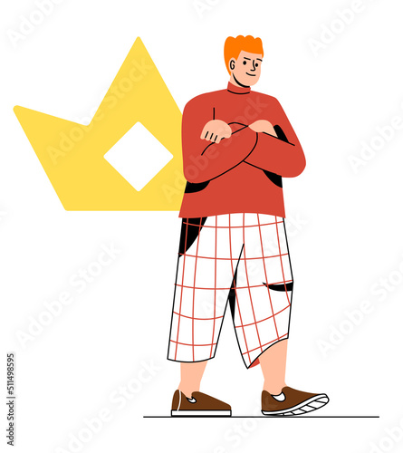 MBTI person concept. Myers Briggs personality typology. Young guy next to crown. Self confident teenager, cheerful and open character. Social media stickers, emotions. Cartoon flat vector illustration