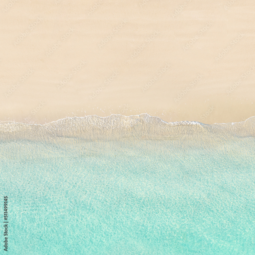 Top view of tropical Seychelles sand beach. Blue, turquoise transparent water surface of ocean, sea, lagoon. Horizontal background. Aerial, drone view. square