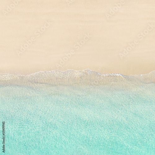 Top view of tropical Seychelles sand beach. Blue, turquoise transparent water surface of ocean, sea, lagoon. Horizontal background. Aerial, drone view. square