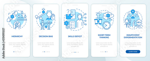 Adaptability enemies in HR blue onboarding mobile app screen. Walkthrough 5 steps editable graphic instructions with linear concepts. UI, UX, GUI template. Myriad Pro-Bold, Regular fonts used