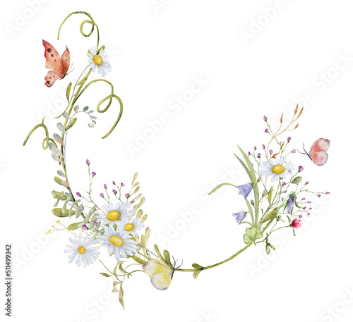 Wild flowers watercolor wreath botanical hand drawn illustration