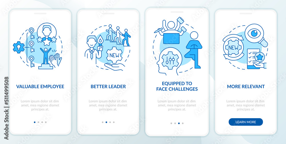 Benefits of workplace adaptability blue onboarding mobile app screen. Walkthrough 4 steps editable graphic instructions with linear concepts. UI, UX, GUI template. Myriad Pro-Bold, Regular fonts used