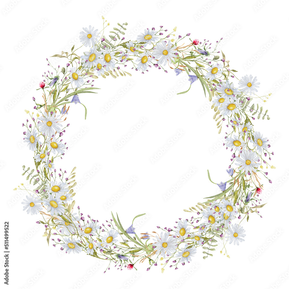 Obraz premium Wild flowers watercolor wreath botanical hand drawn illustration