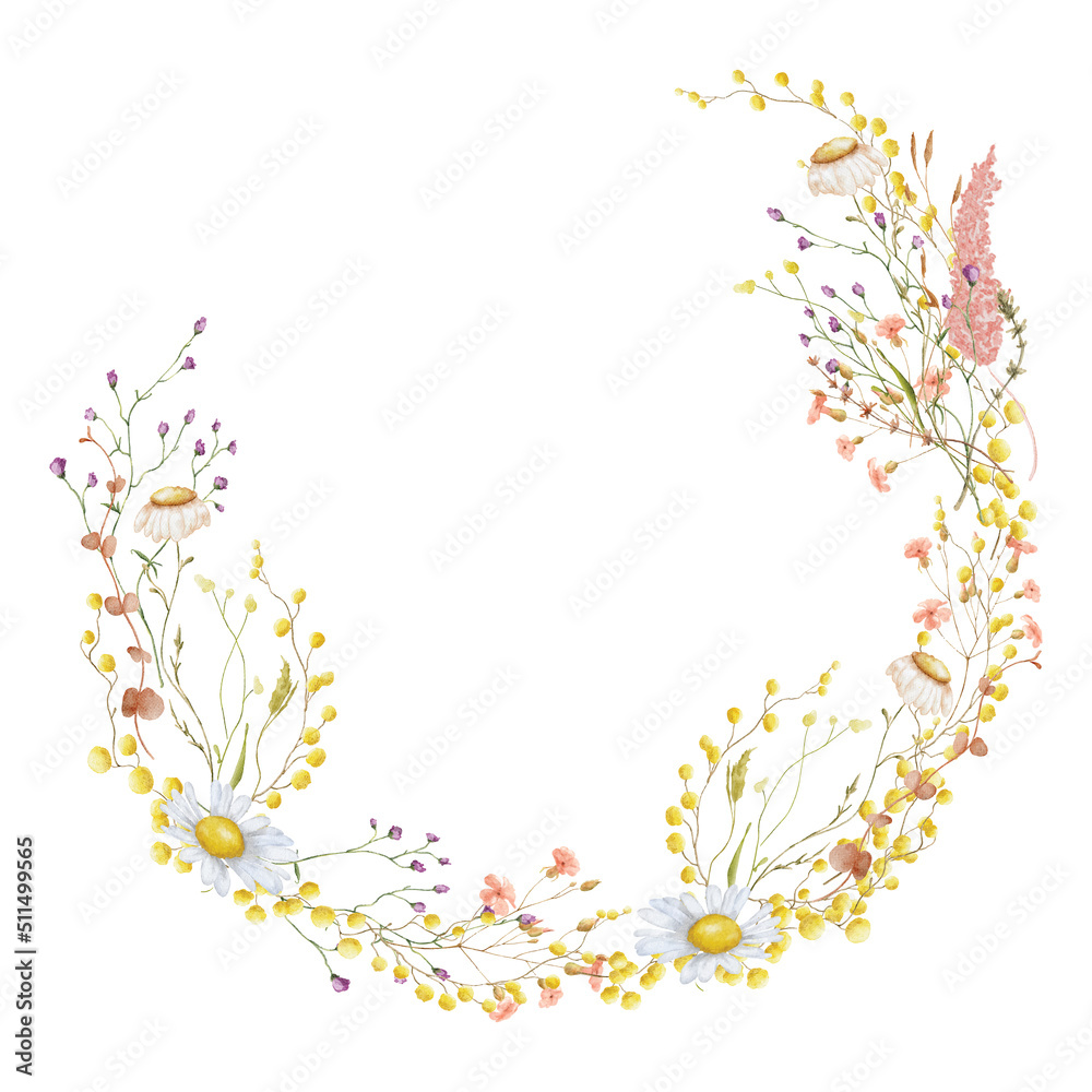 Wild flowers watercolor wreath botanical hand drawn illustration Wild flowers watercolor wreath botanical hand drawn illustration