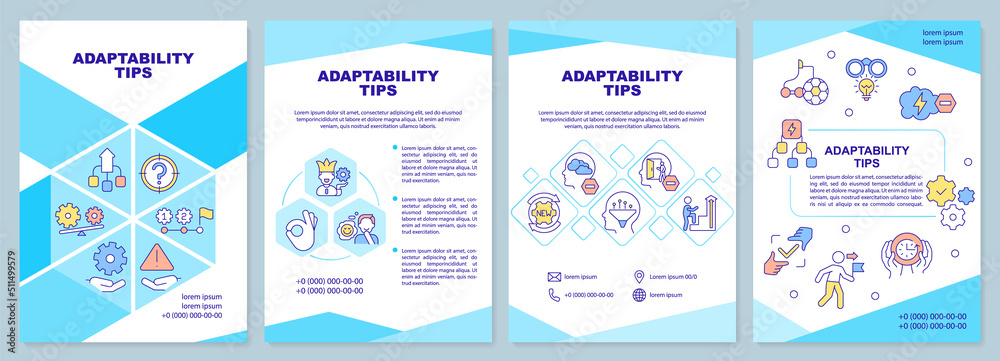 Adaptability tips blue brochure template. Flexibility skills. Leaflet design with linear icons. Editable 4 vector layouts for presentation, annual reports. Arial-Black, Myriad Pro-Regular fonts used