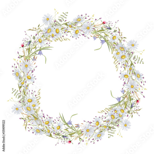 Wild flowers watercolor wreath botanical hand drawn illustration