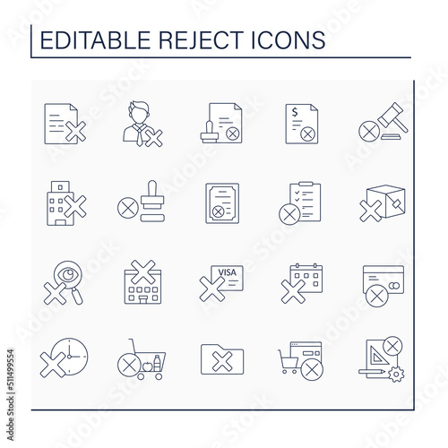 Rejection line icons set. Refuse to accept, use things, laws. Unacceptance. Cancellation concept.Isolated vector illustrations. Editable stroke