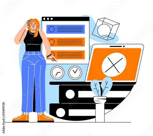 People passing online test. Young girl prepares answers to question, distance learning and education. Student at home passes examination on time, questionnaire. Cartoon flat vector illustration