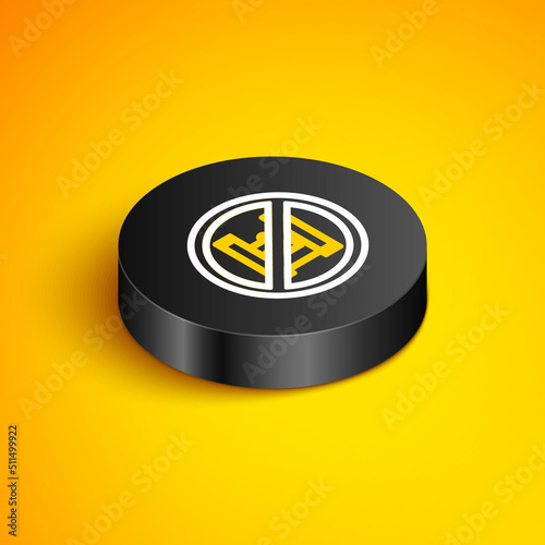 Isometric line Say no to plastic bags poster icon isolated on yellow background. Disposable cellophane and polythene package prohibition sign. Black circle button. Vector