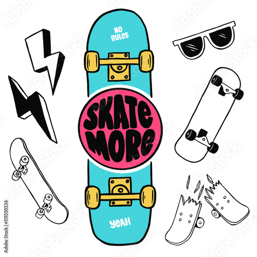 Hand drawn skateboarding elements. Skate doodle illustration.