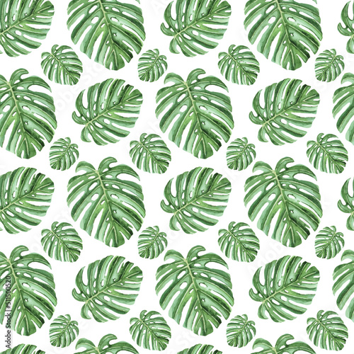 Watercolor seamless pattern with monstera palm leaves, tropical summer background. © Катерина Бородіна