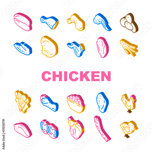 Chicken Carcass, Meat And Organs Icons Set Vector. Chicken Broiler Skinless And Boneless Fillet And Quarter Back, Wings And Drumstick, Liver And Heart. Little Chick Farmland Bird Color Illustrations