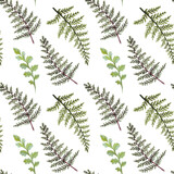 Watercolor seamless pattern with fern leaves, brunches, summer green background.