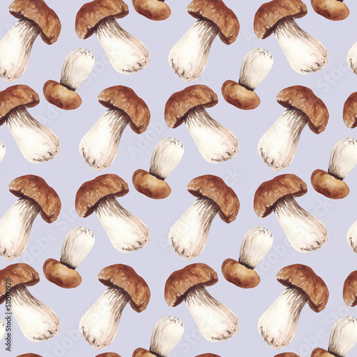 Watercolor seamless pattern with mushrooms, summer autumn forest background.