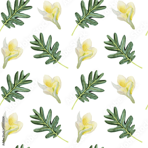 Watercolor seamless pattern with palm leaves, flowers, summer background.