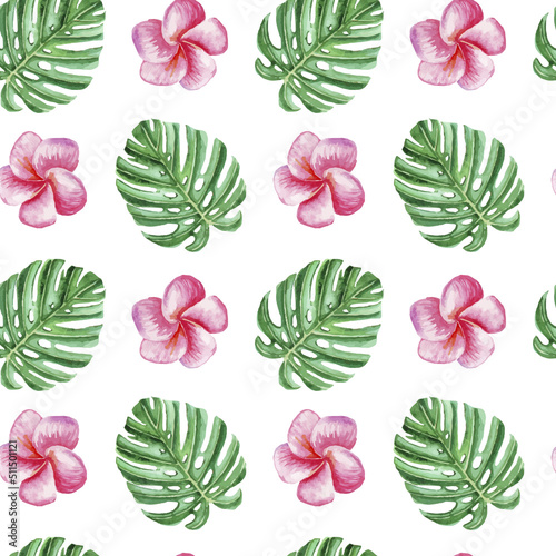 Watercolor seamless pattern with tropical monstera leaves  flowers  summer background.