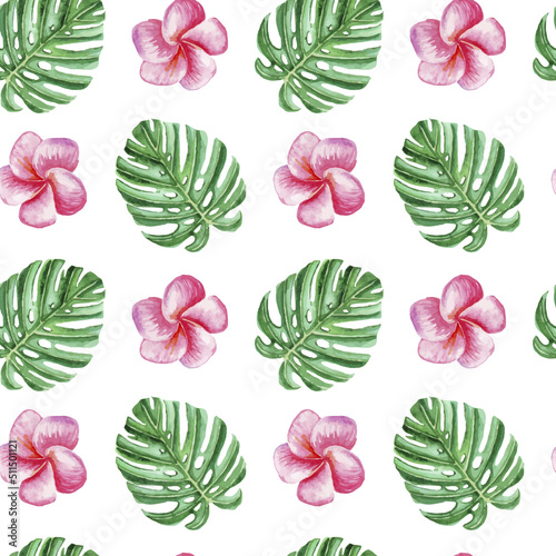 Watercolor seamless pattern with tropical monstera leaves, flowers, summer background.