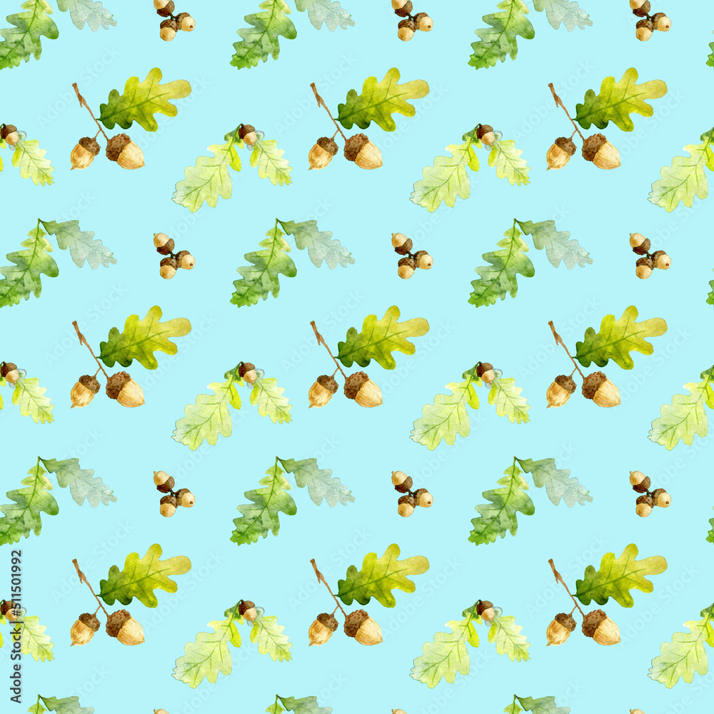 Seamless pattern of watecolor Oak Tree Branch, Green Leaves and Acorns isolated on a blue background. Hand drawn